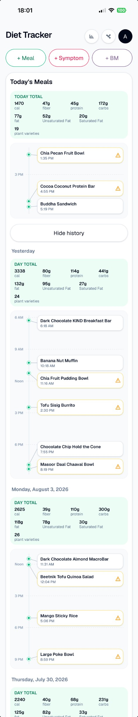 Scrolling meal history across multiple days