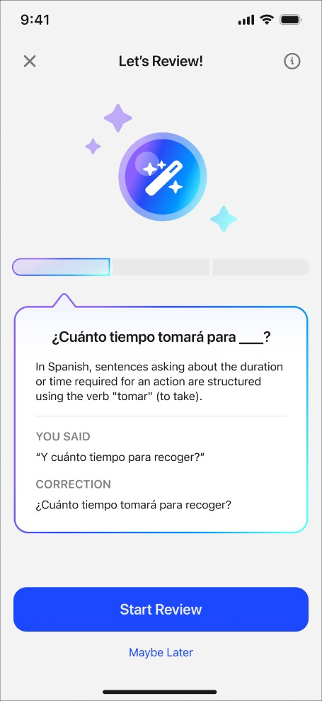 Start review screen with personalized grammar takeaway