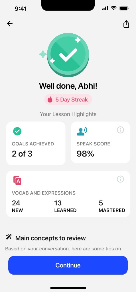 Lesson highlights with vocab and speak score metrics