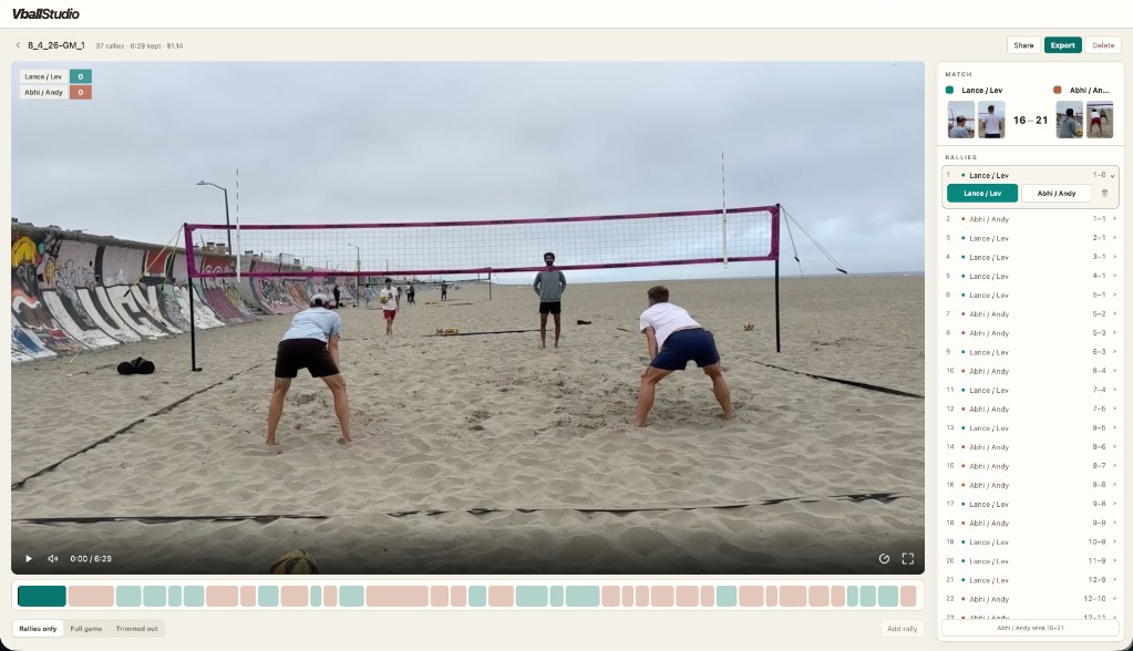 Vball Studio editor showing named teams, rally timeline, score overlay, and match sidebar